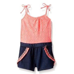 Limited 🌸 Too Hot Pink Crochet And Denim Romper